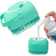 Hand pouring shampoo into a teal silicone pet shampoo massager brush for gentle grooming and bathing.